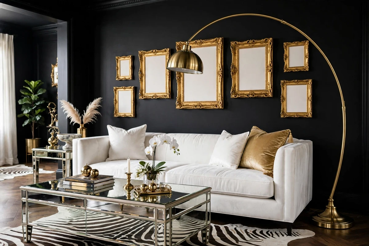 Sweeping brass arc floor lamp over a white velvet sofa in a Hollywood Regency living room