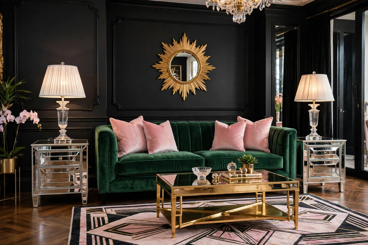 Mirrored side tables with crystal lamps flanking an emerald sofa in a Hollywood Regency living room