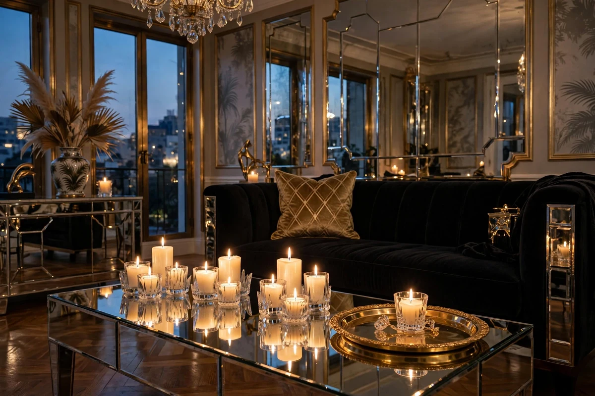 Clusters of scented candles in cut crystal holders on a mirrored coffee table