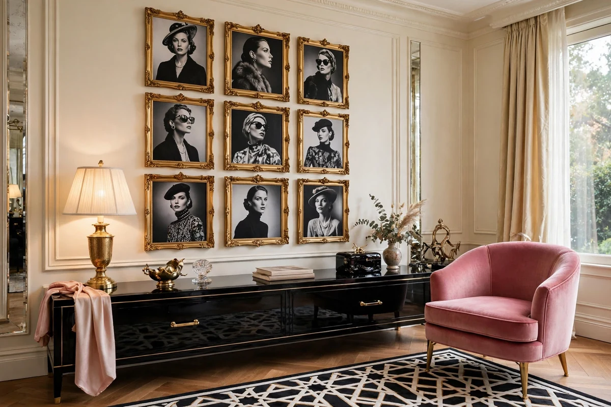 Gallery wall of black and white portraits in gold frames in a Hollywood Regency living room