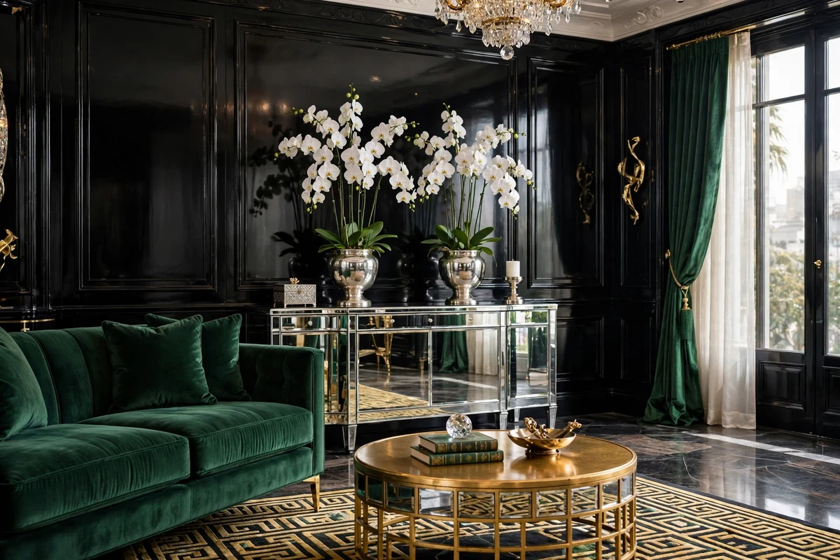 White orchid arrangements in polished silver vases in a Hollywood Regency living room