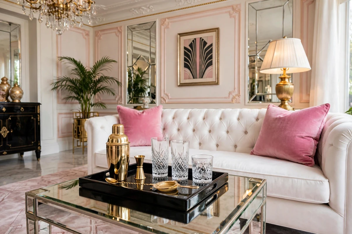 Black lacquer tray with gold barware and crystal glasses in a Hollywood Regency living room