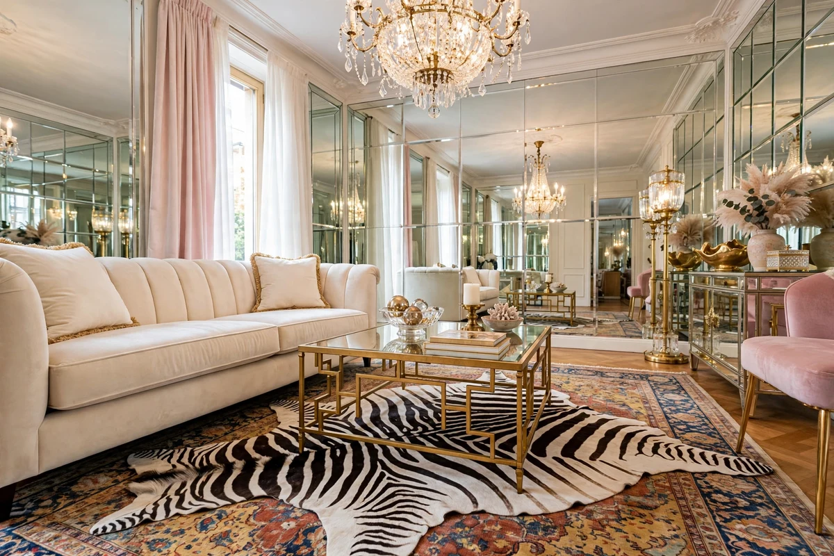 Layered faux zebra rug over a vintage Persian rug in a Hollywood Regency living room