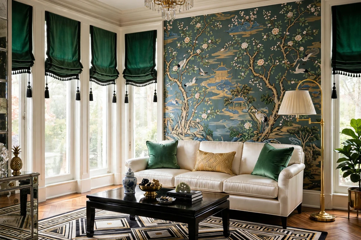 Emerald velvet roman shades with black tassel trim in a Hollywood Regency living room