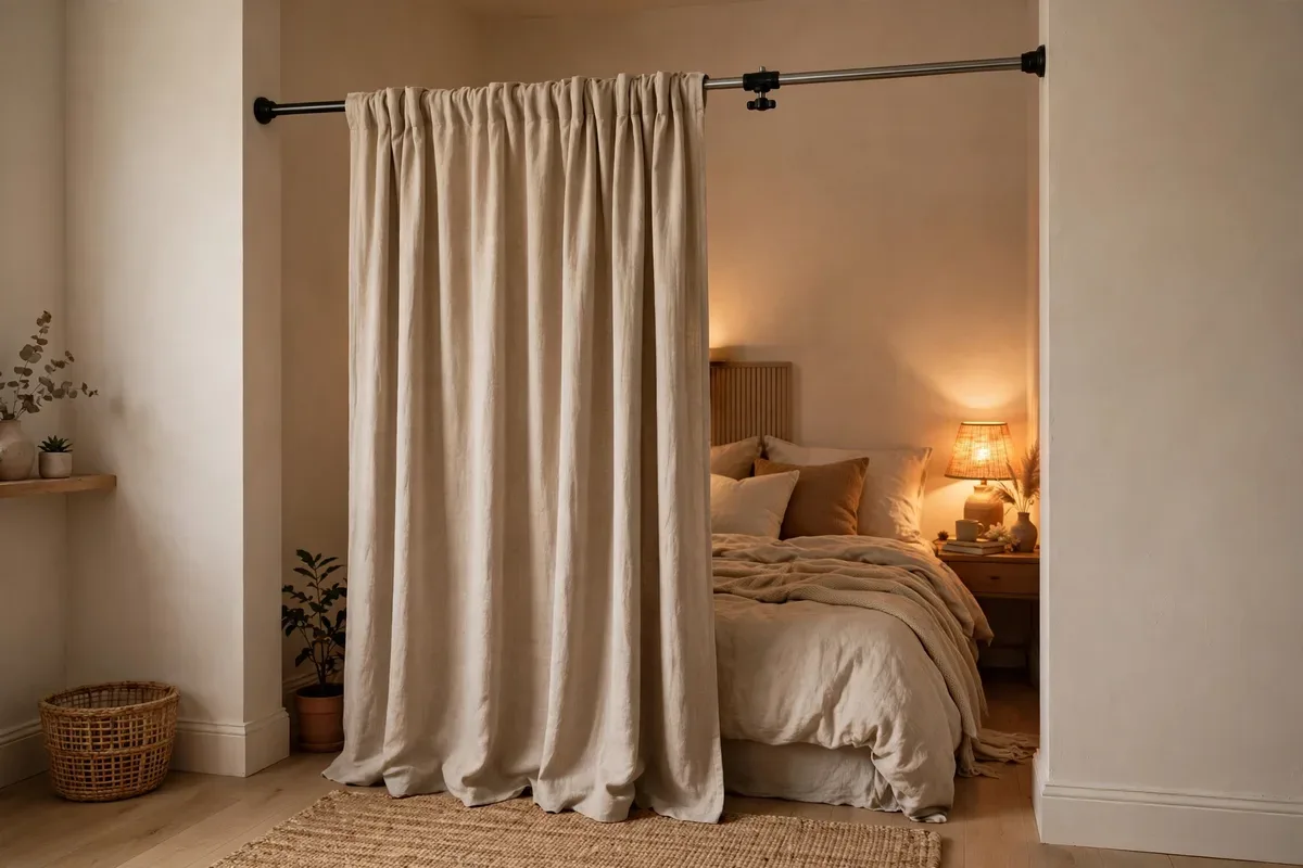 Tension rod with curtains as a no-drill room divider in a studio apartment