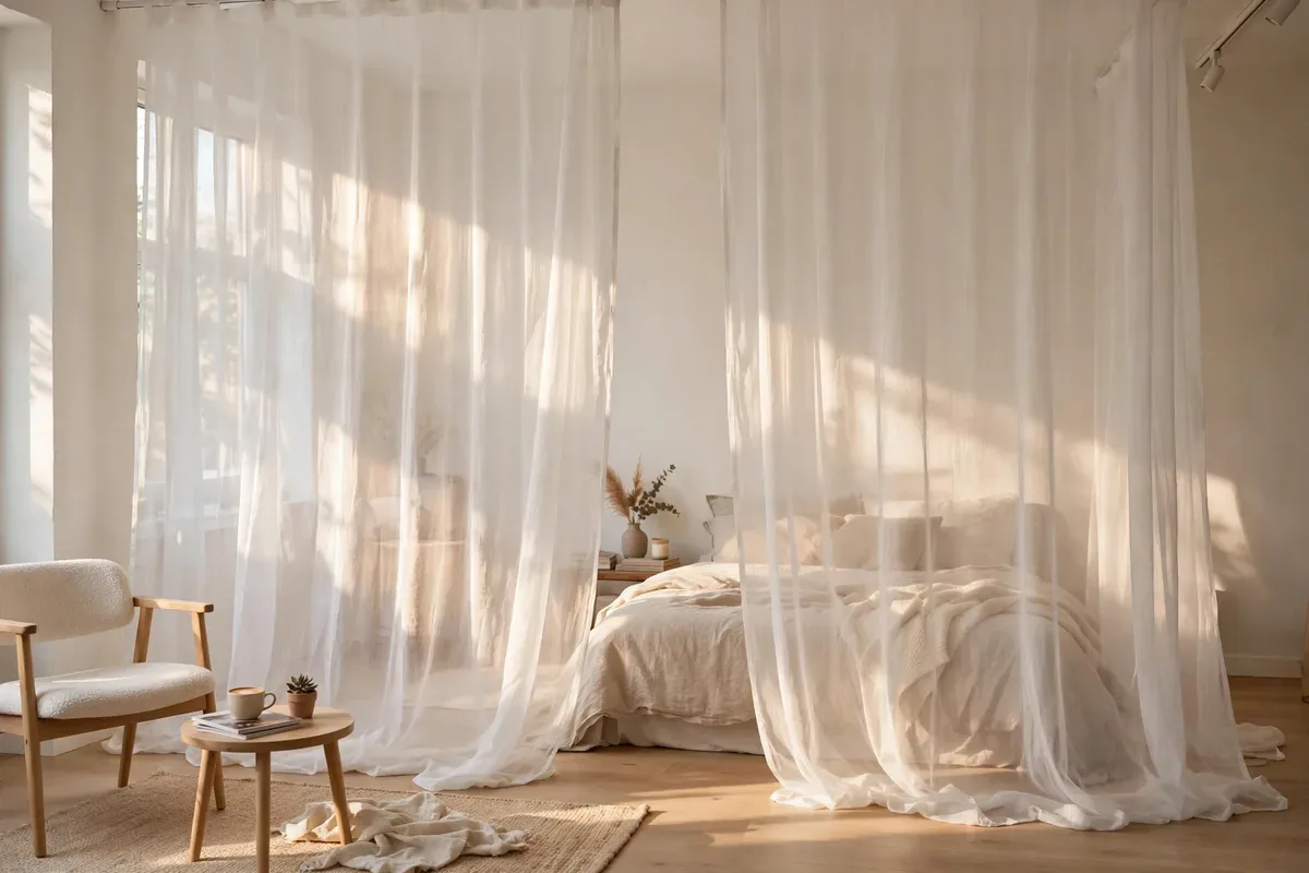 Sheer white curtains dividing a bright studio apartment bedroom zone
