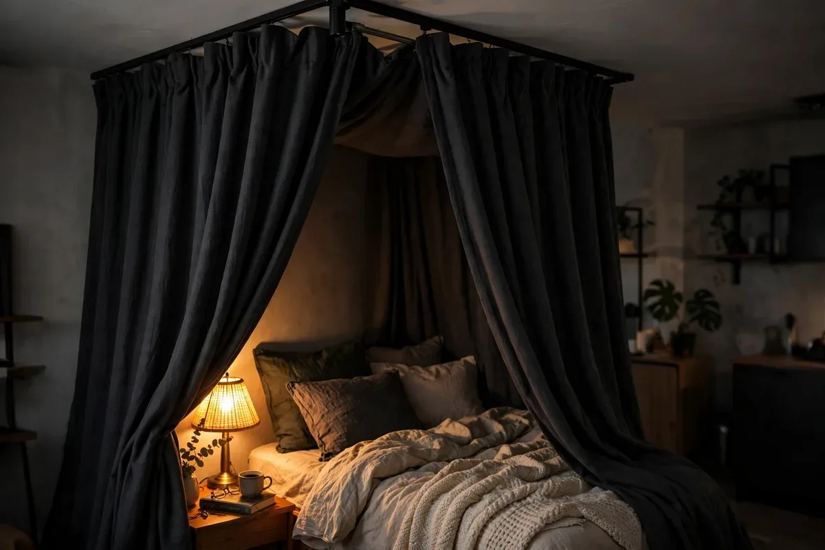 Blackout curtains on a ceiling track creating a dark sleep nook in a studio