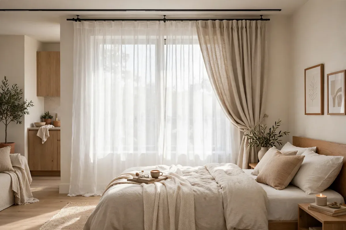 Double-layer sheer and linen curtains on a double ceiling track divider