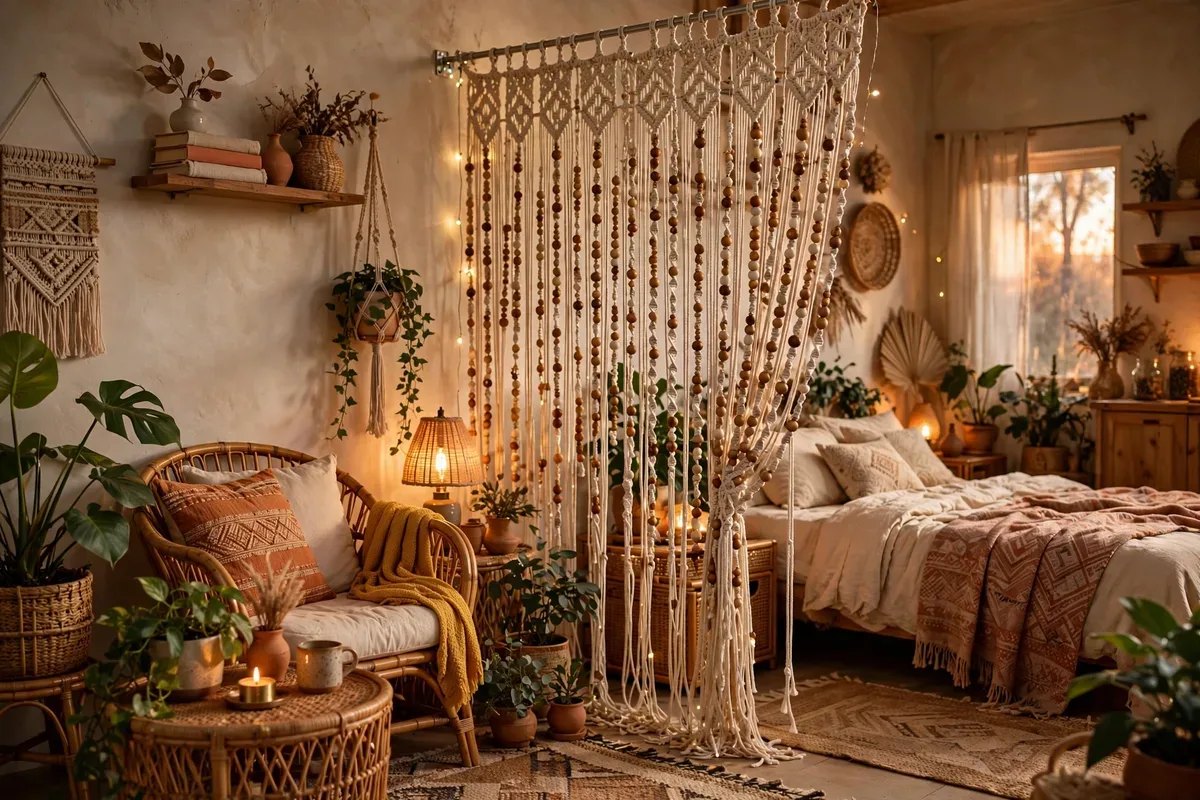 Macrame beaded curtain as a boho room divider in a studio apartment