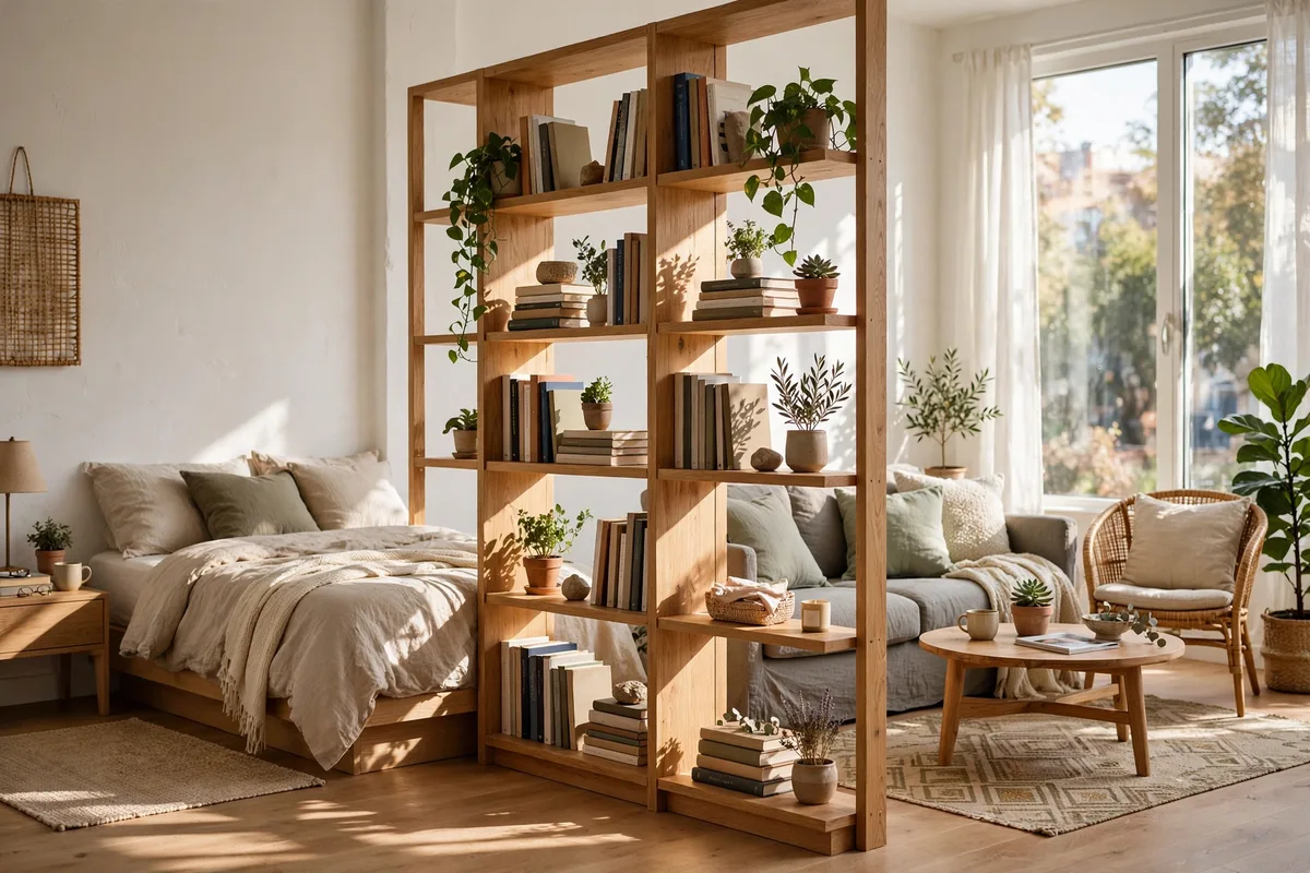 Open-back bookcase letting light through as a studio room divider