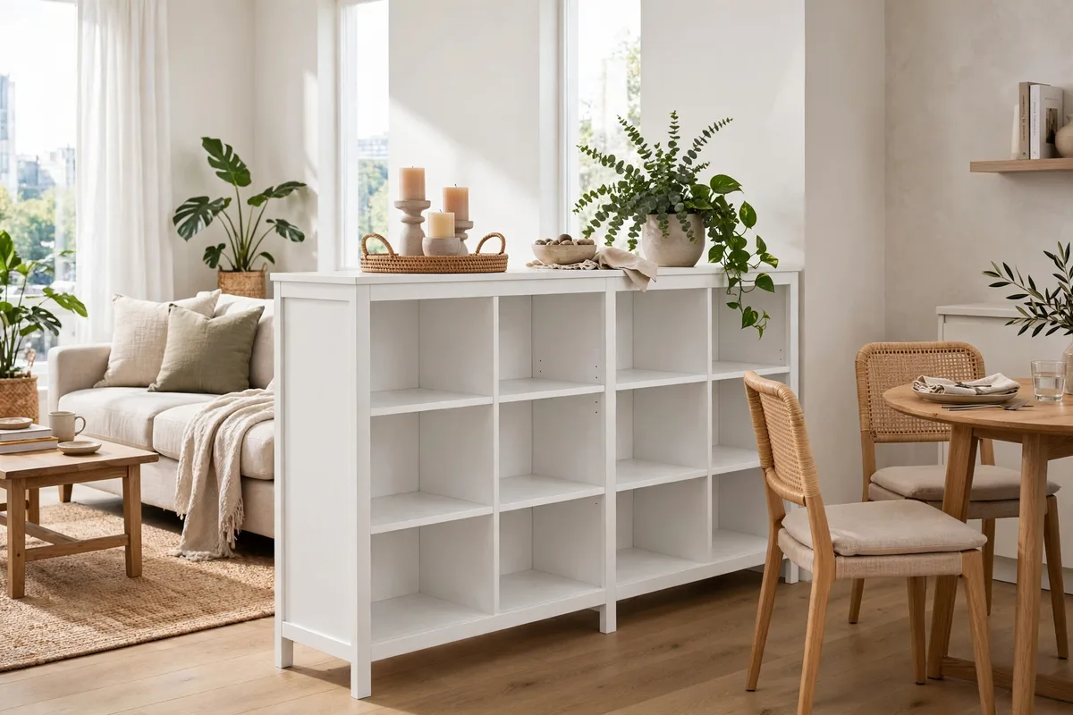Low white bookcase dividing living and dining zones in a studio