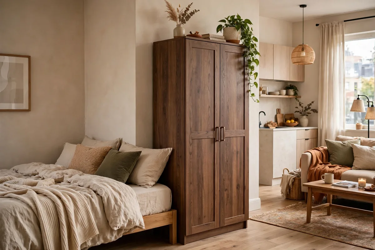 Tall wardrobe placed as a solid wall divider in a studio apartment bedroom