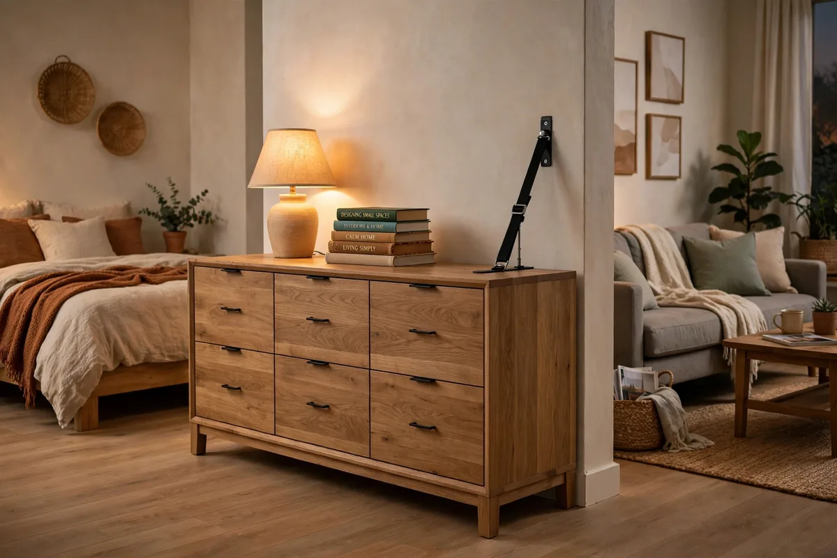 Wooden dresser used as a divider between bedroom and living zones