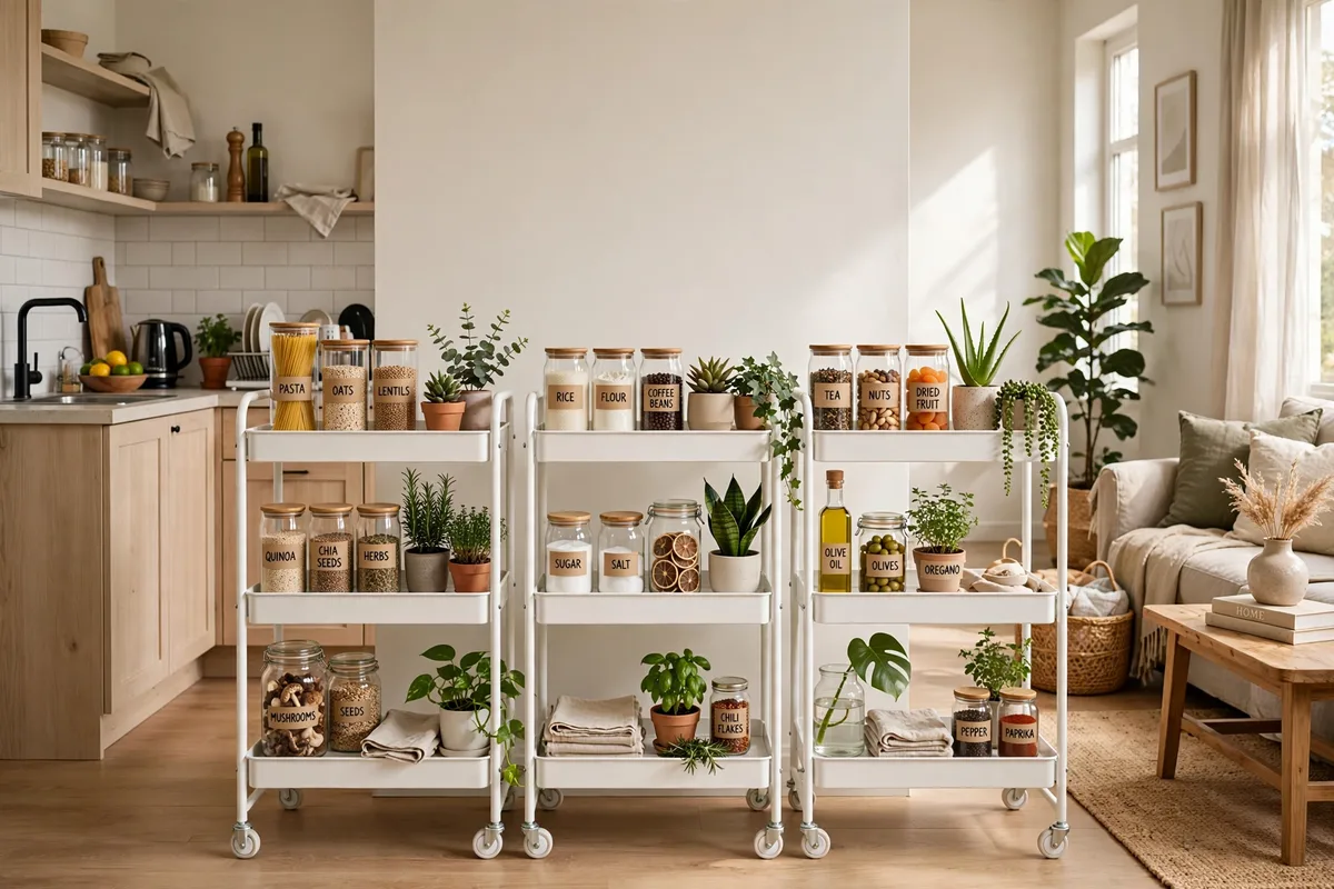 Rolling kitchen carts lined up as a movable divider in a studio