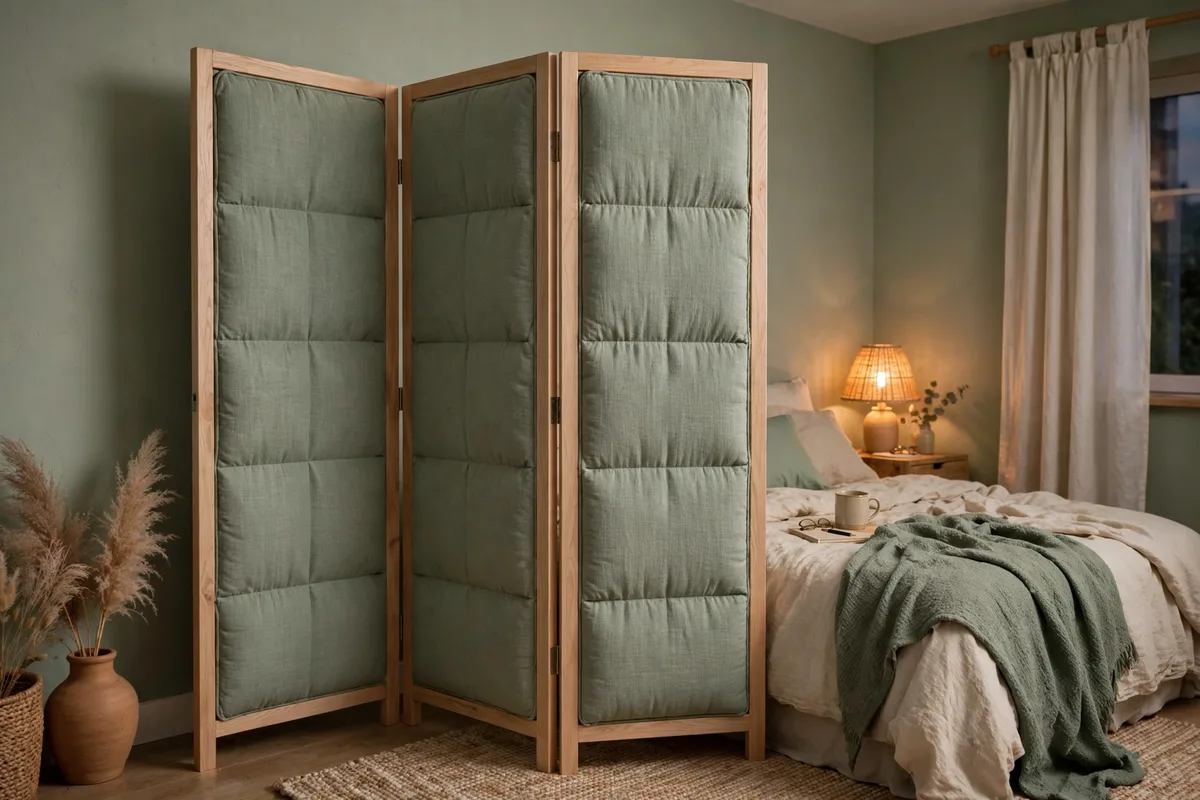 Upholstered fabric three-panel folding screen in a sage studio bedroom