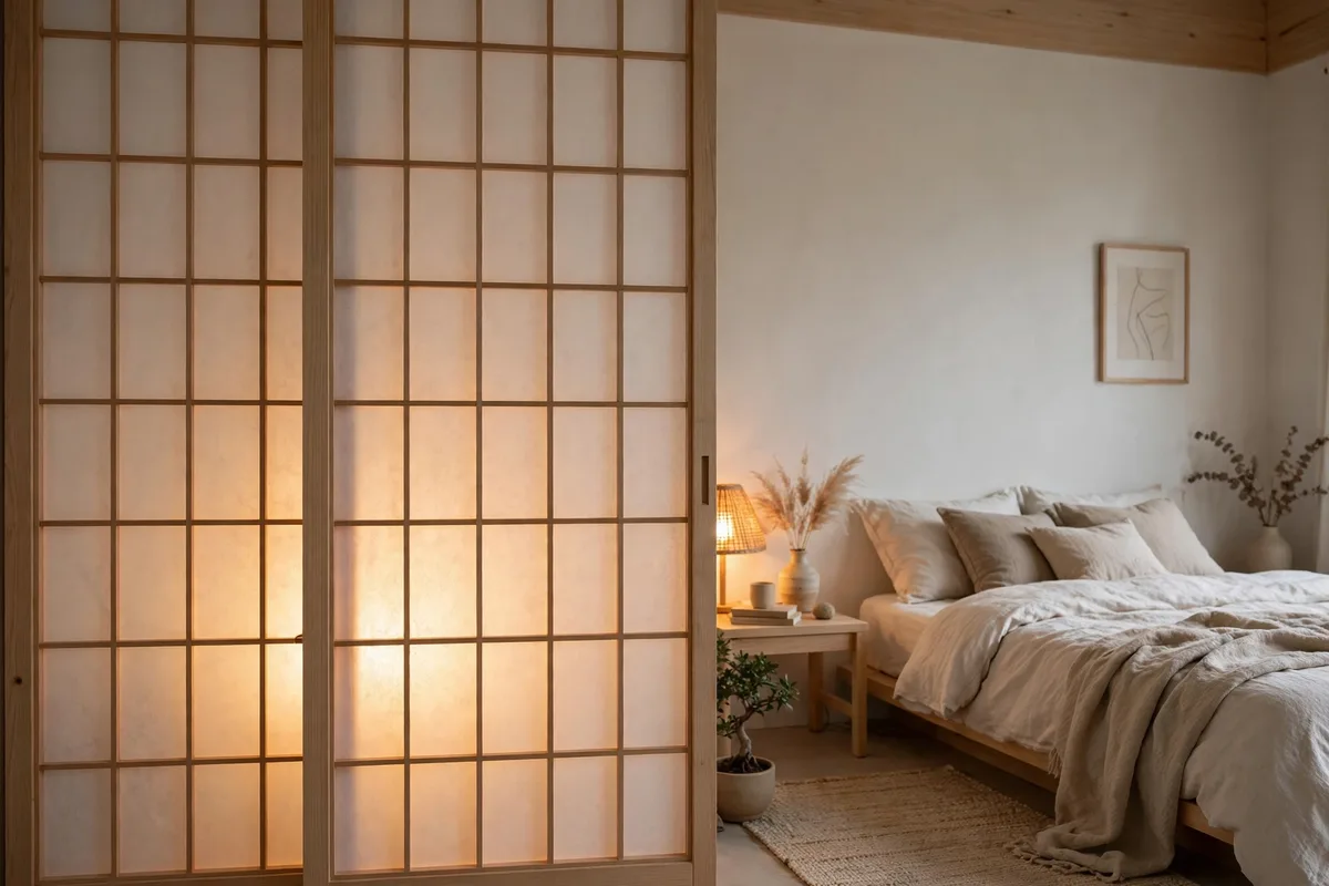 Japanese shoji screen glowing behind a lamp in a Japandi studio