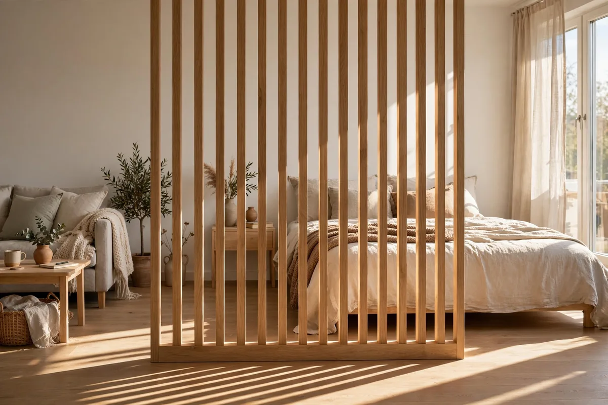 Freestanding vertical wood slat divider with light striping through