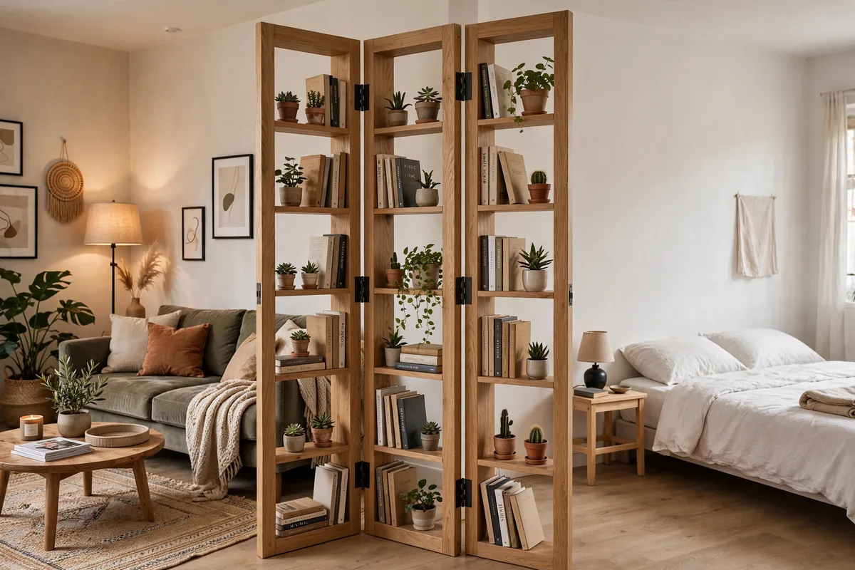 Folding screen with built-in shelves displaying plants and books