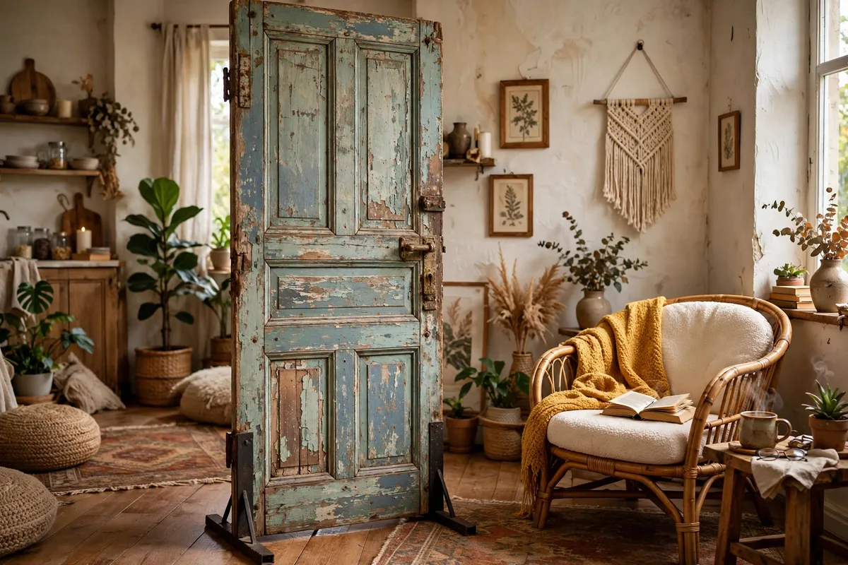 Vintage reclaimed door used as a character room divider in a studio