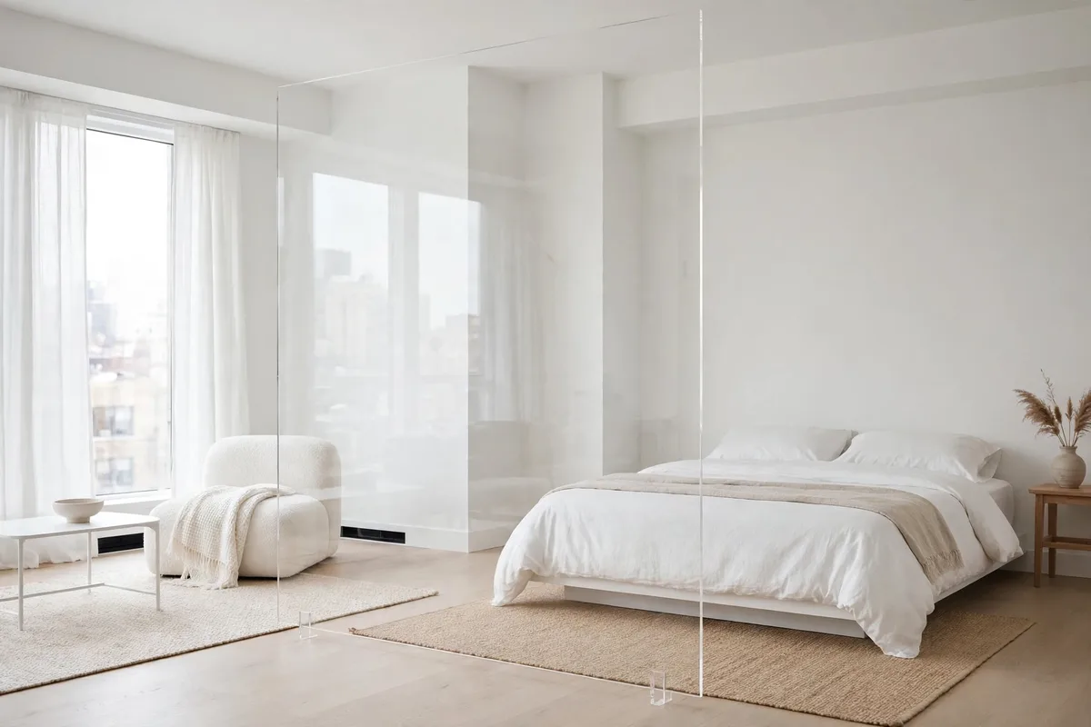 Clear acrylic freestanding panel as an invisible divider in a minimalist studio