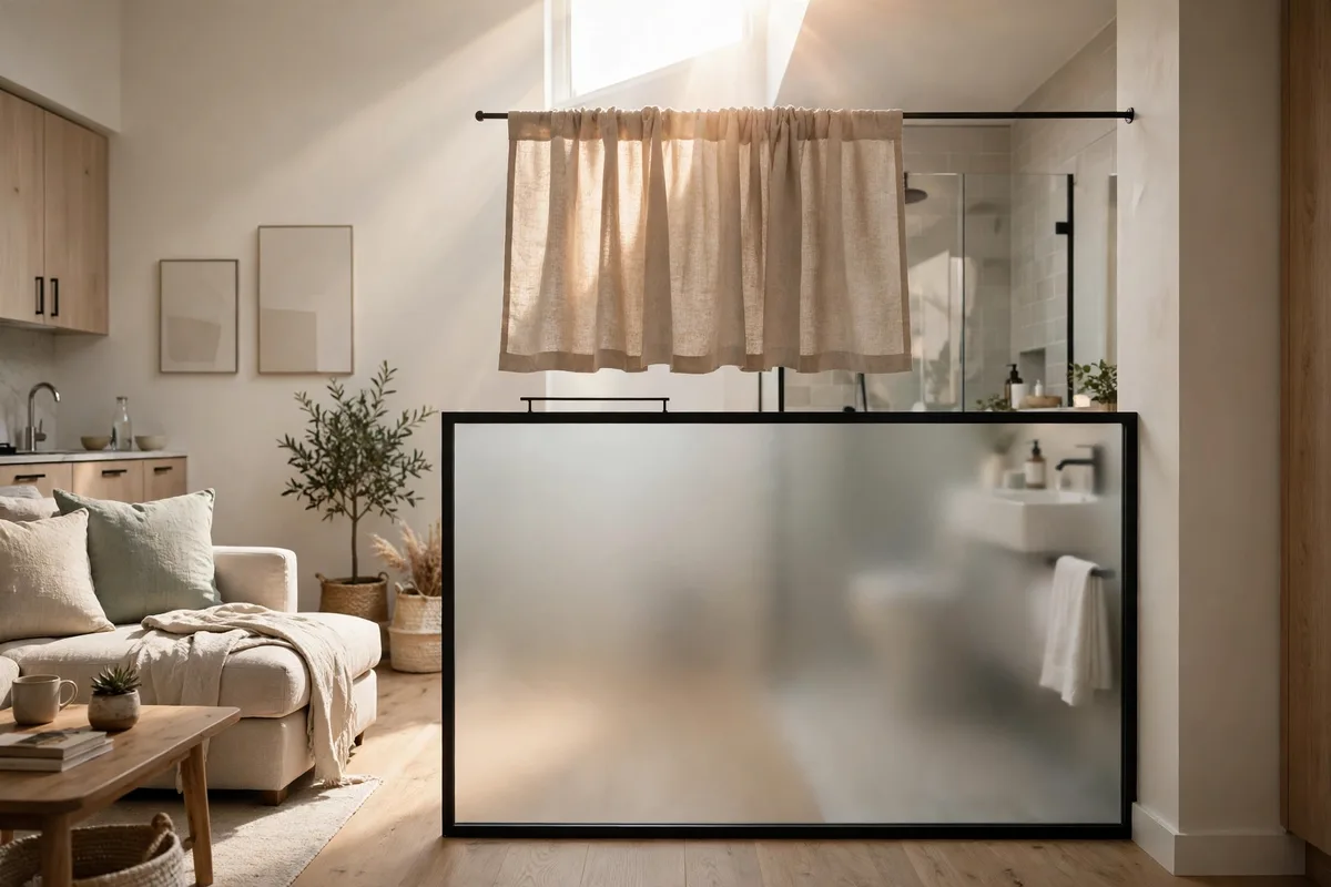 Half-height frosted glass panel with a short curtain above as a divider