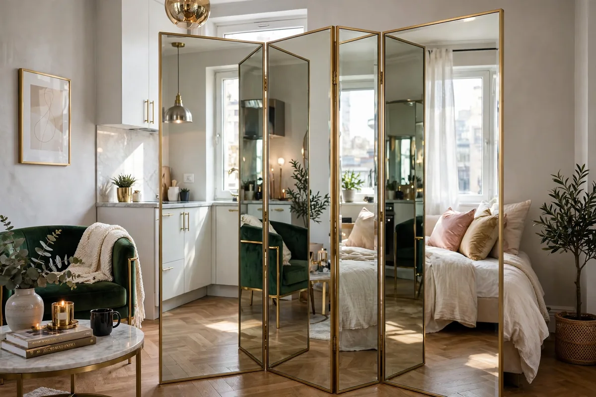Mirrored folding screen doubling light as a room divider in a studio