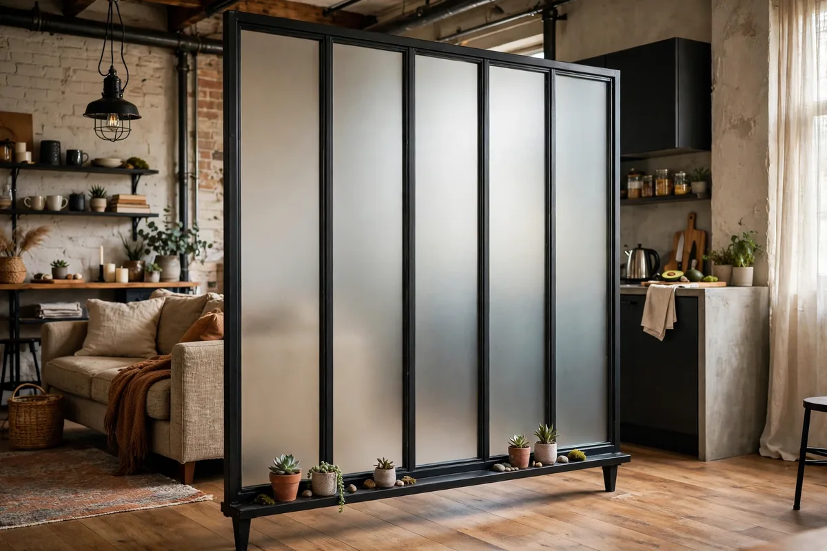 Freestanding frosted window-frame partition with succulents on the sill