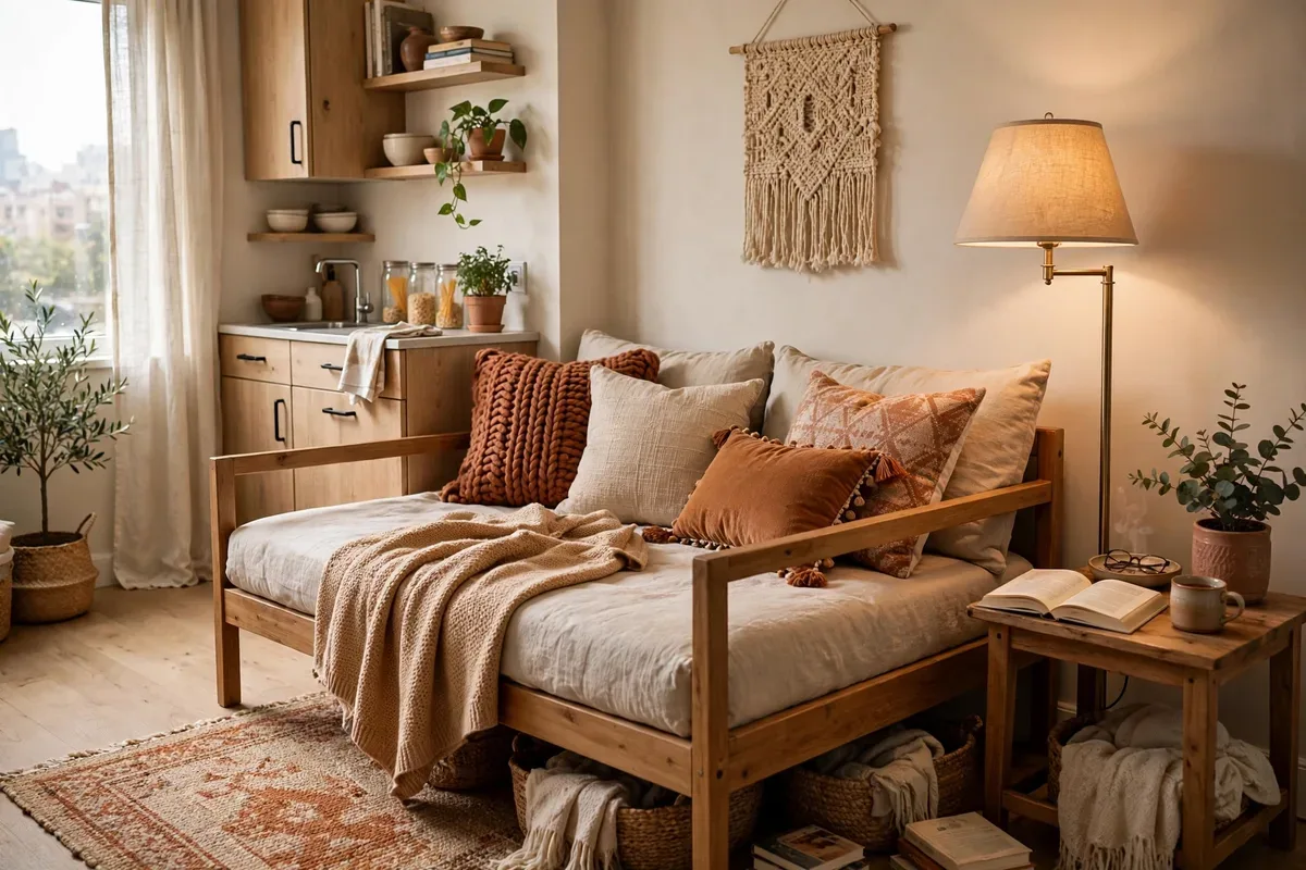Daybed styled as a sofa with throw pillows in a small studio apartment