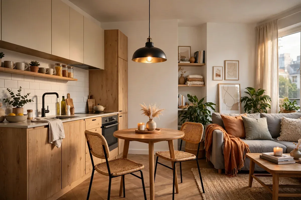Round dining table with a pendant light marking an eat-in zone in a studio