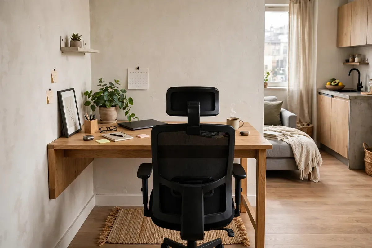 Desk placed perpendicular creating a work-from-home zone in a studio