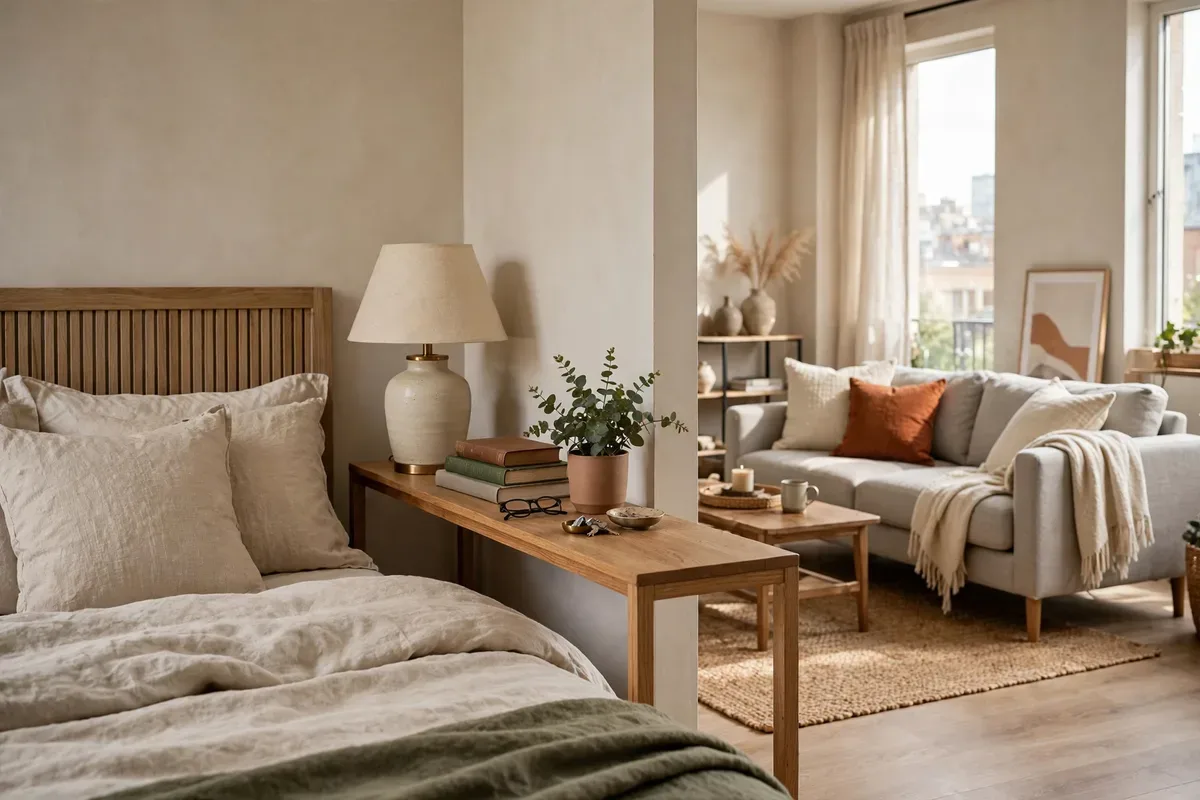 Narrow console table dividing bedroom and living zones beside the bed