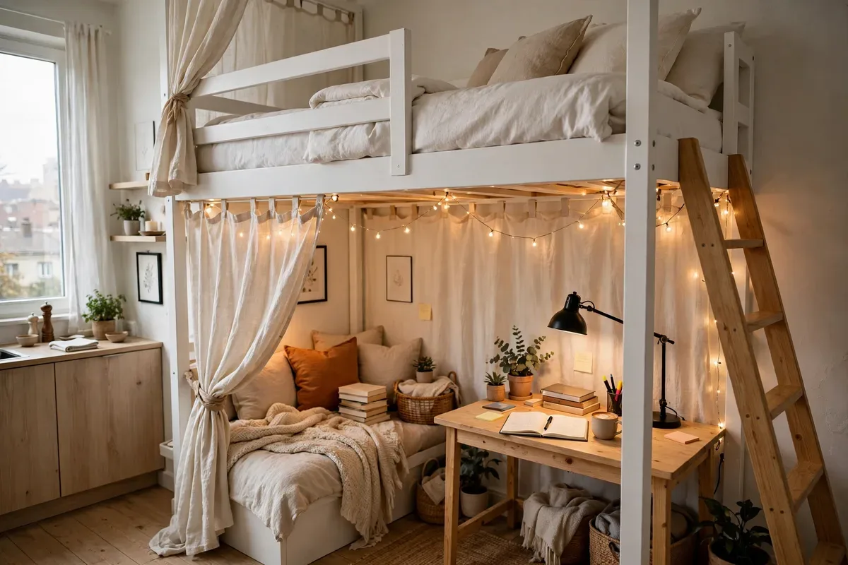 White loft bed with a desk and reading nook underneath in a studio