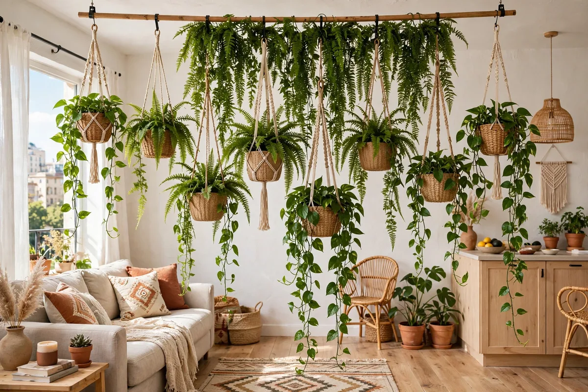 Hanging planters at varying heights forming a green curtain divider