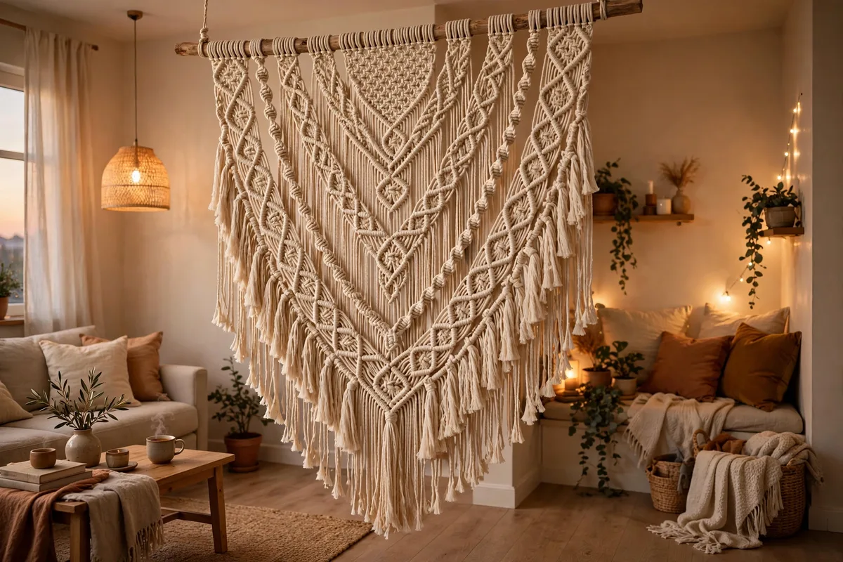Oversized macrame wall hanging dividing a cozy nook in a studio