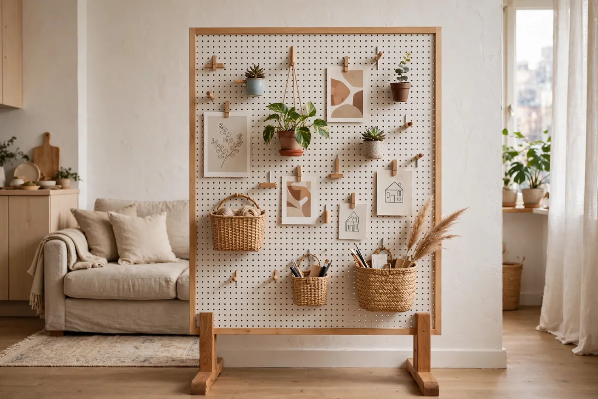 Freestanding pegboard panel with plants and storage as a divider