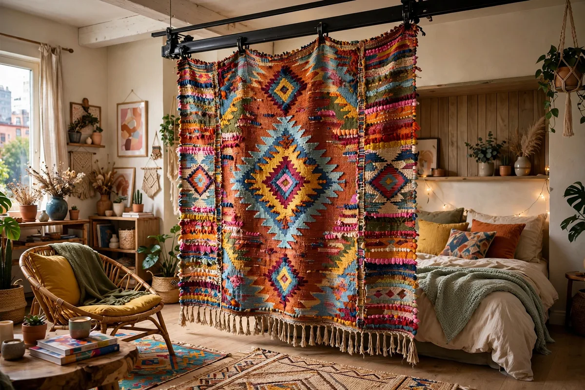 Large woven tapestry hung as a soft colorful room divider