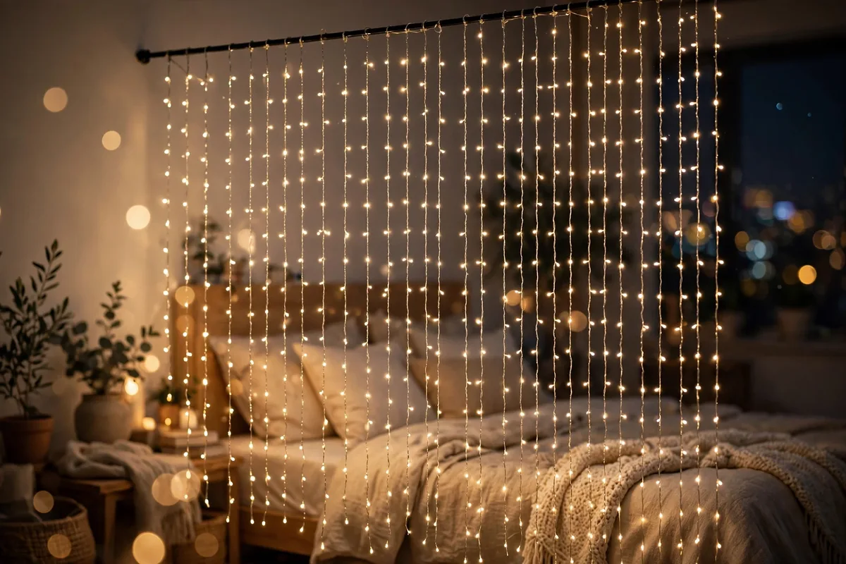 Fairy light curtain strands glowing as a divider at night in a studio