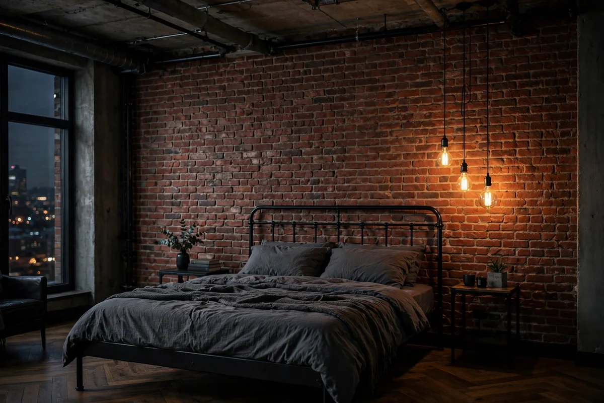 Exposed red brick accent wall behind a black metal bed in an industrial bedroom