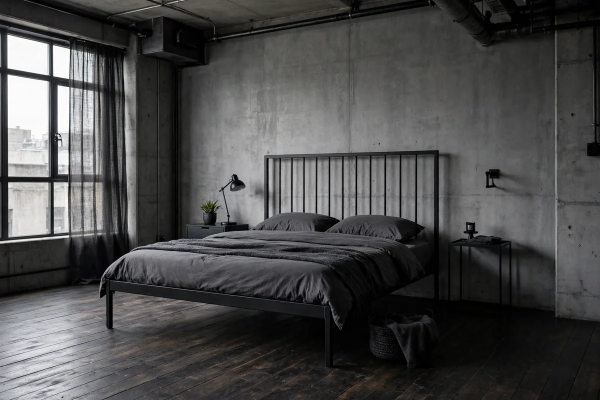 Black metal platform bed with iron slat headboard in an industrial bedroom