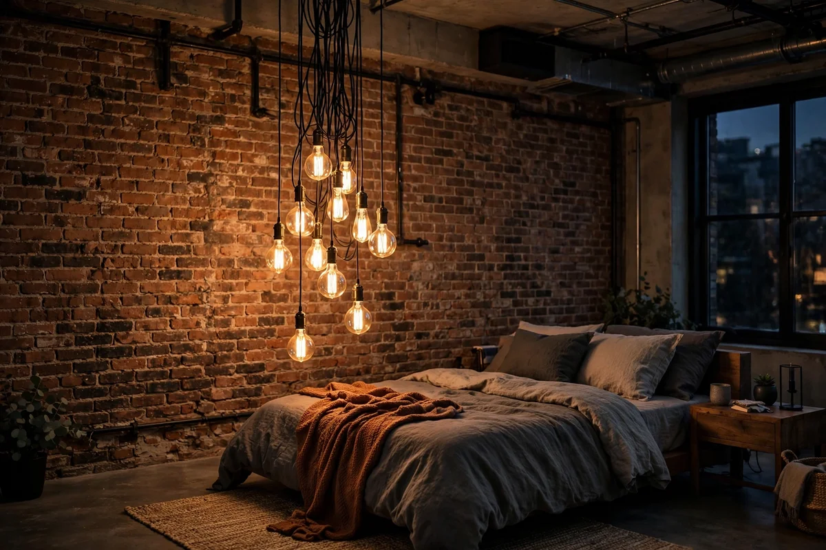 Cluster of Edison bulb pendant lights hanging over a nightstand in an industrial bedroom