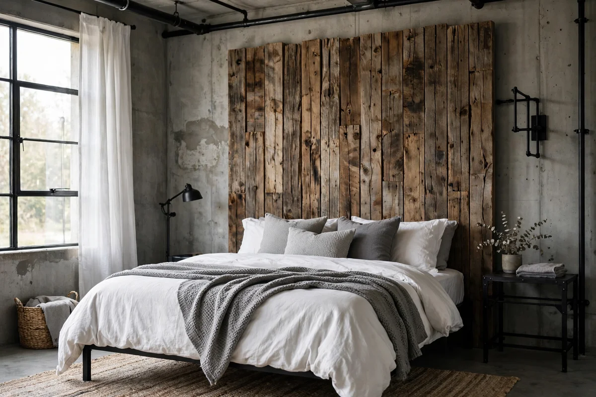 Reclaimed barn wood plank headboard behind a bed in an industrial bedroom