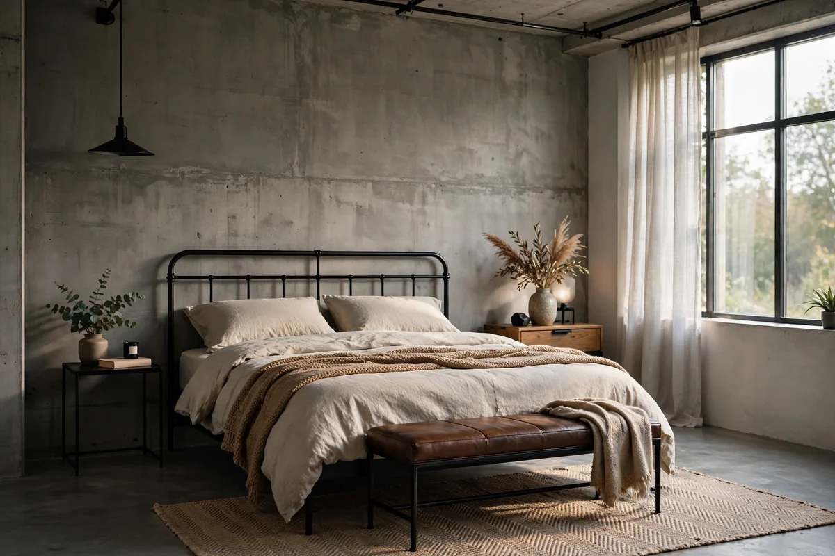 Gray concrete effect accent wall in a moody industrial bedroom