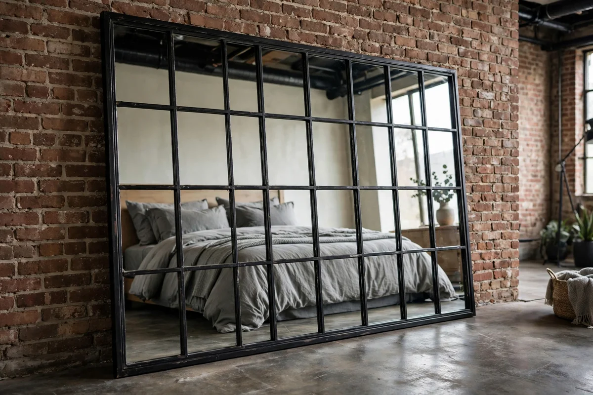 Black metal factory window grid mirror leaning against a brick bedroom wall