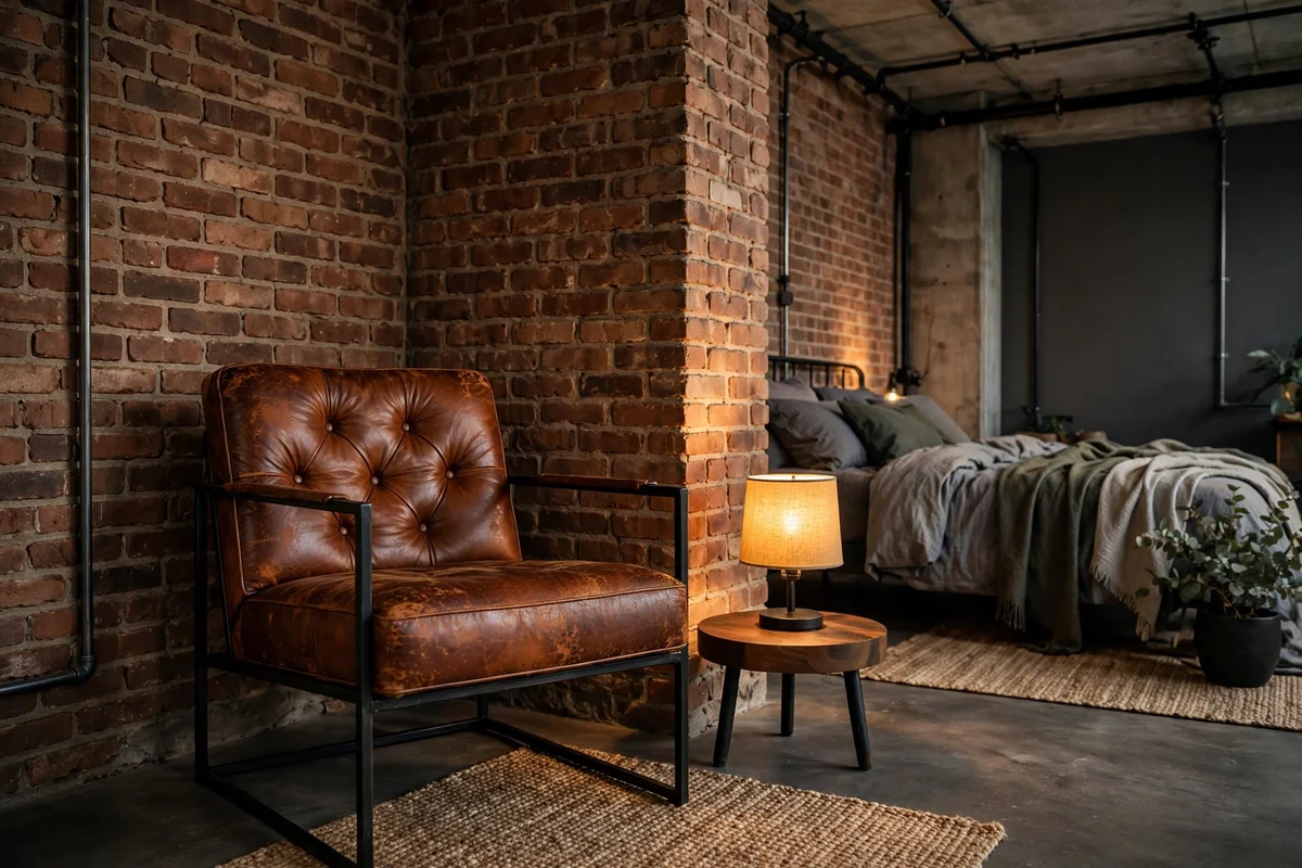 Cognac distressed leather accent chair in a corner of an industrial bedroom