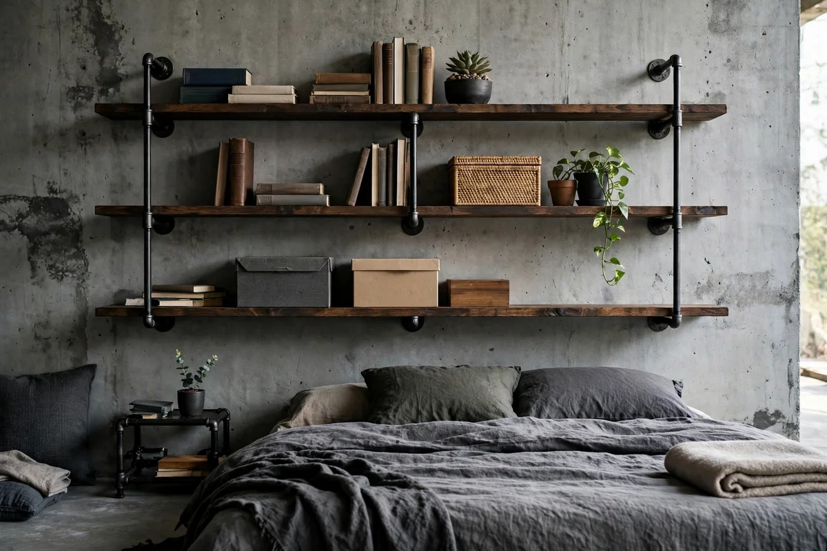 Open shelving of dark wood planks and black iron pipes in an industrial bedroom
