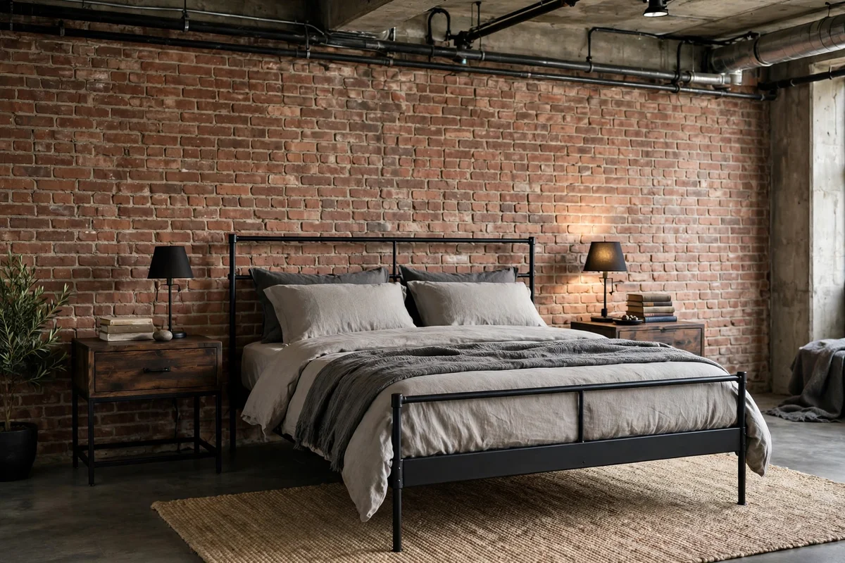 Dark wood nightstands with black metal legs beside a bed in an industrial bedroom