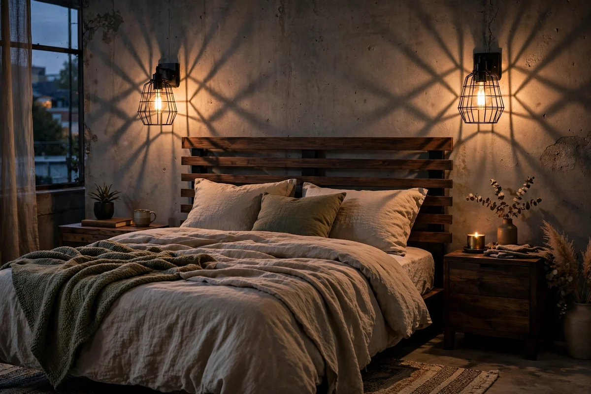 Black metal cage wall sconces mounted beside a bed in an industrial bedroom