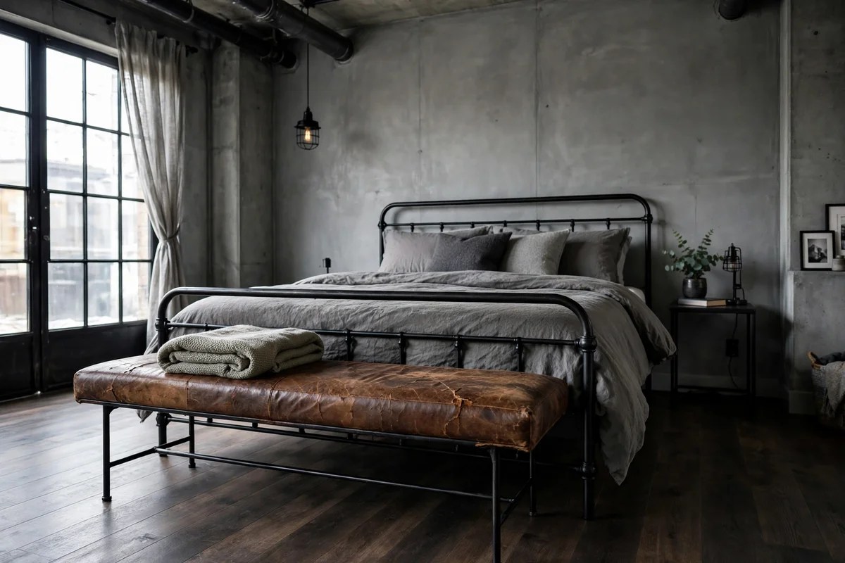 Distressed brown leather bench with metal legs at the foot of a bed