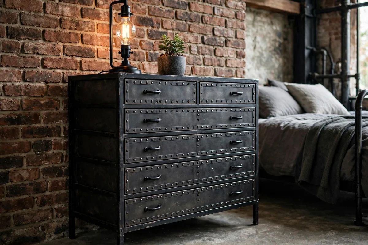 Vintage dresser with riveted dark metal drawer fronts in an industrial bedroom