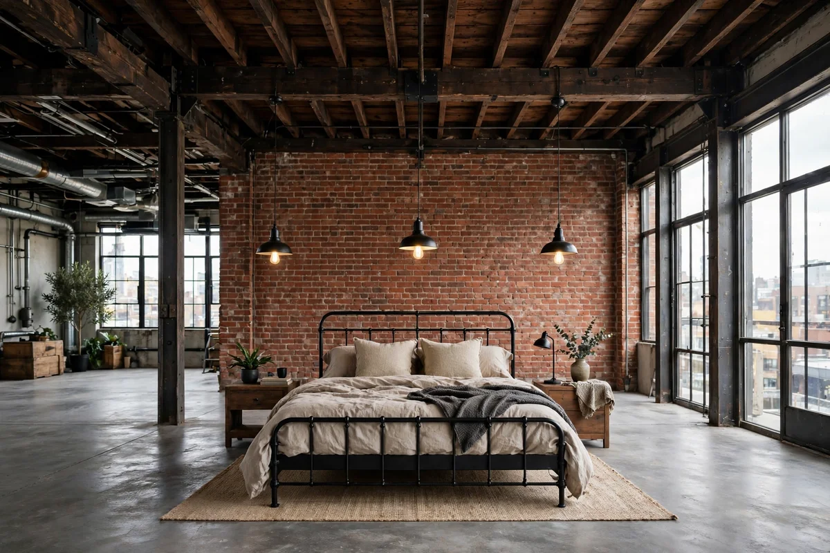 Exposed dark wooden ceiling beams in an industrial loft bedroom